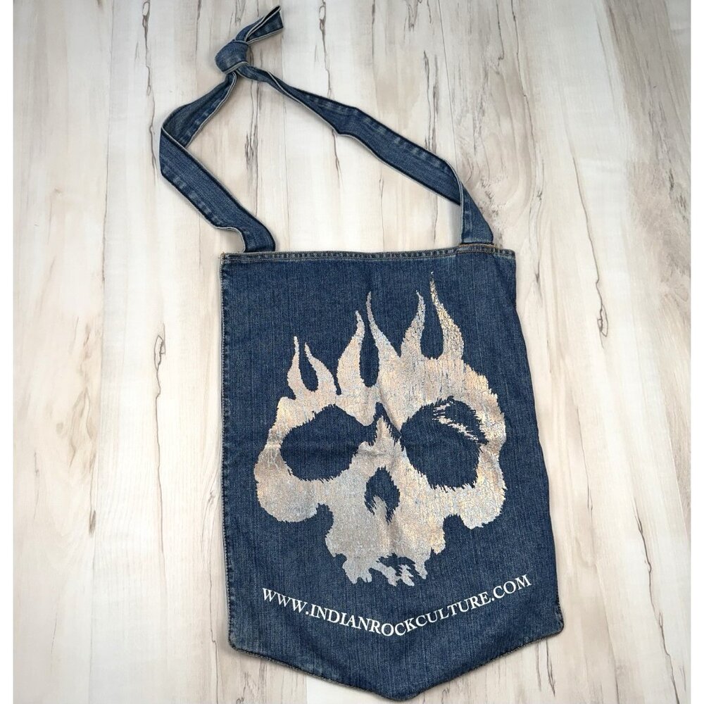 INDIAN ROCK CULTURE 14"x19" Blue/Gold Denim Skull Crossbody Tote BAG Purse - Picture 2 of 3